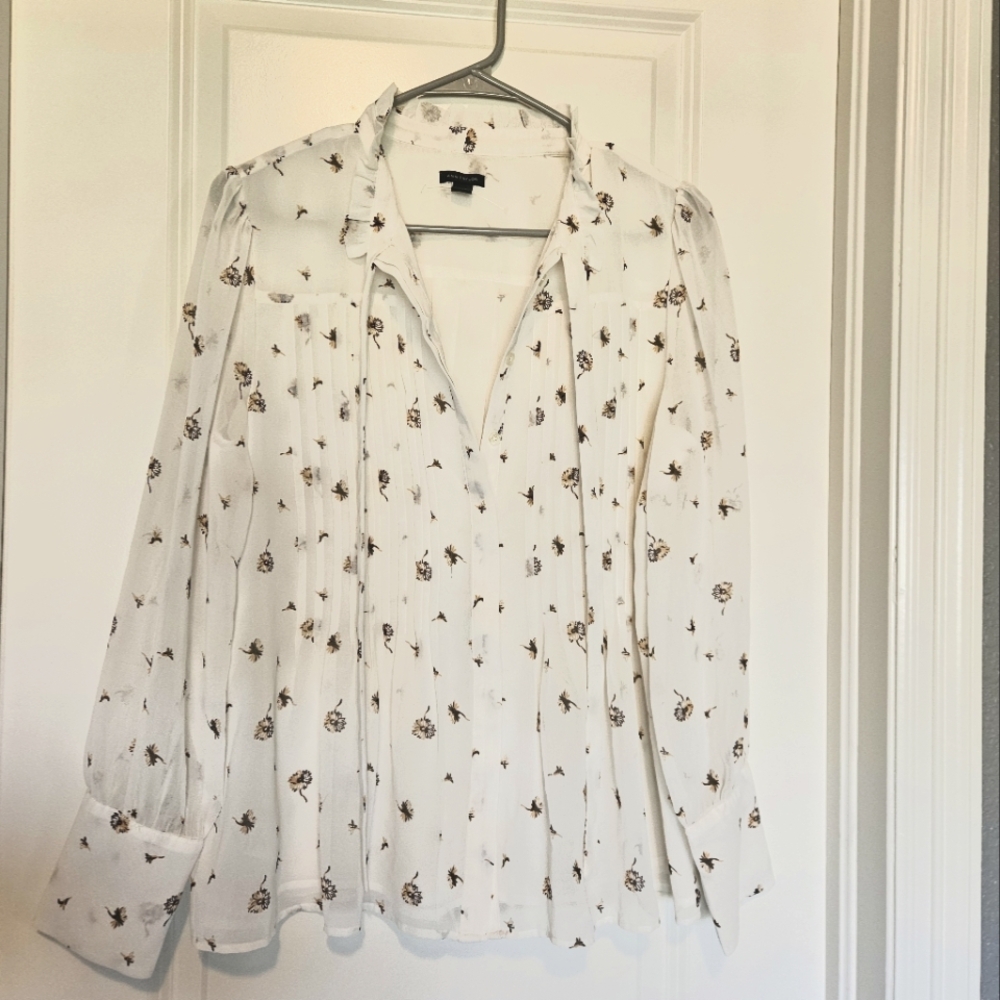 Ann Taylor White Blouse with Brown Floral Pattern